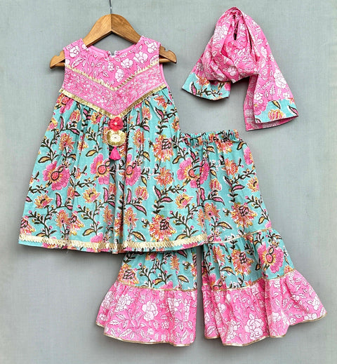 Pre-Order: Pink & Turquoise Floral Sharara Set with Dupatta