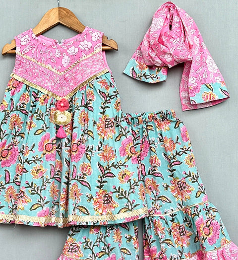 Pre-Order: Pink & Turquoise Floral Sharara Set with Dupatta