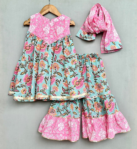 Pre-Order: Pink & Turquoise Floral Sharara Set with Dupatta