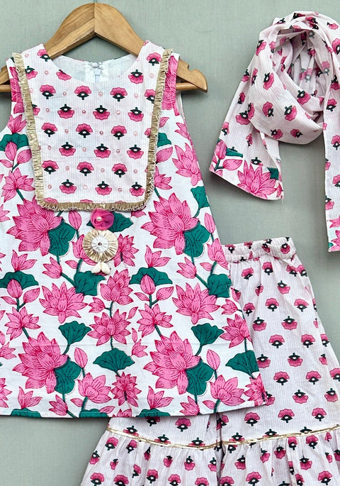 Pre-Order: Pink & White Embroidered Floral Sharara Set with Dupatta