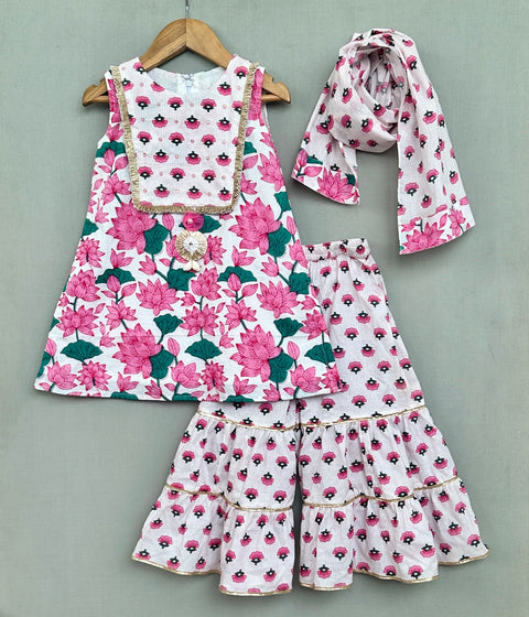 Pre-Order: Pink & White Embroidered Floral Sharara Set with Dupatta