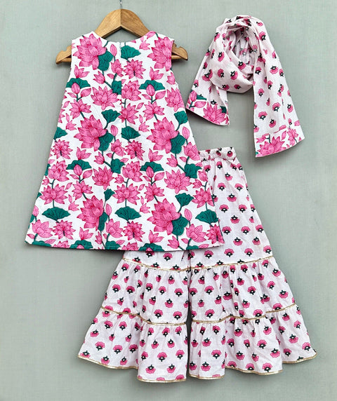 Pre-Order: Pink & White Embroidered Floral Sharara Set with Dupatta