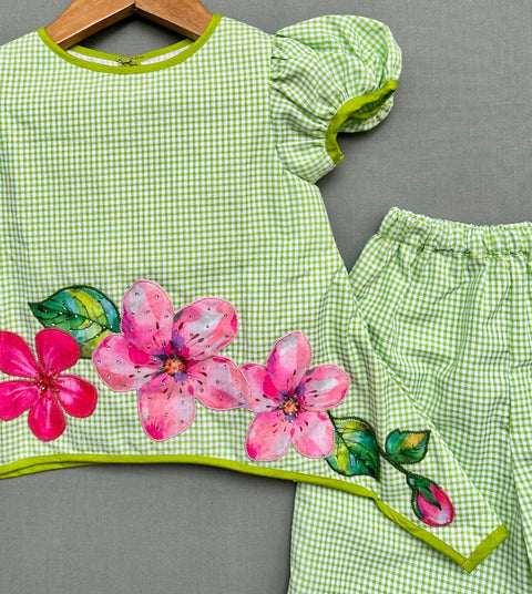 Pre-Order: Gingham Checks Co-ord Set with Applique embroidery-Green