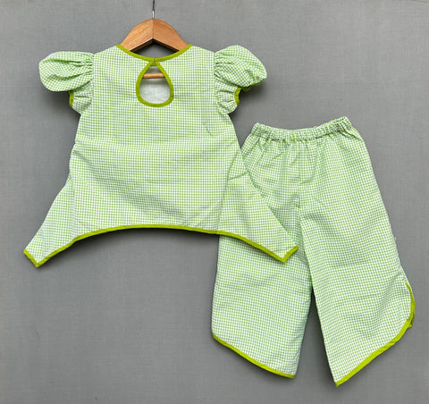 Pre-Order: Gingham Checks Co-ord Set with Applique embroidery-Green