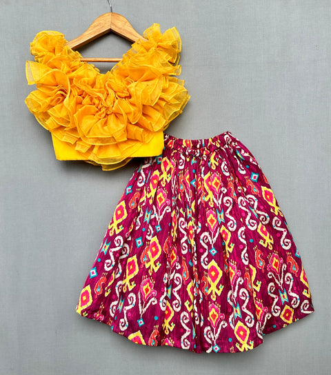 Pre-Order:  Organza Ruffled Top With Printed Lehenga-Yellow/Red