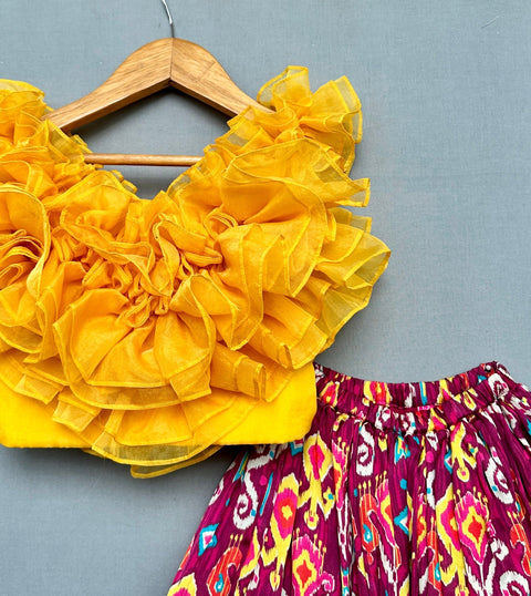 Pre-Order:  Organza Ruffled Top With Printed Lehenga-Yellow/Red