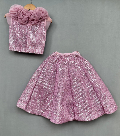 Pre-Order: Sequin Organza lehenga set with organza flowers