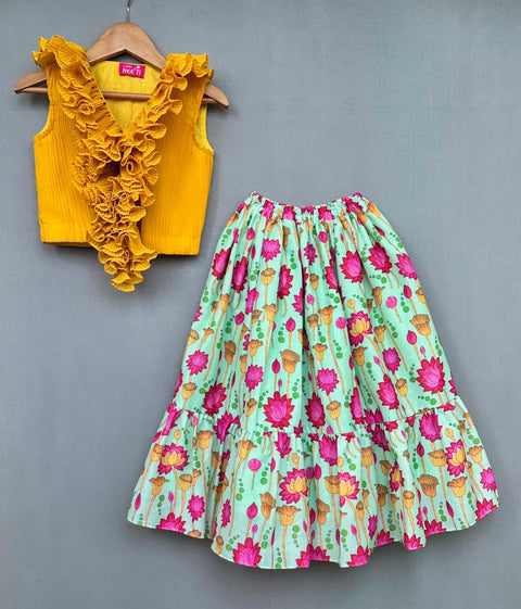 Pre-Order: Yellow Ruffles crop top with floral print skirt