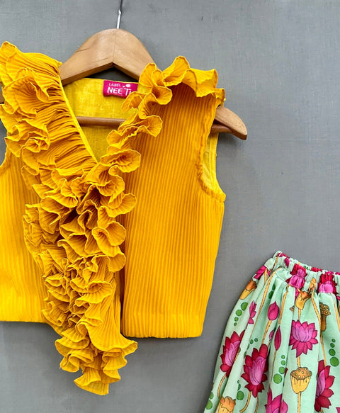 Pre-Order: Yellow Ruffles crop top with floral print skirt