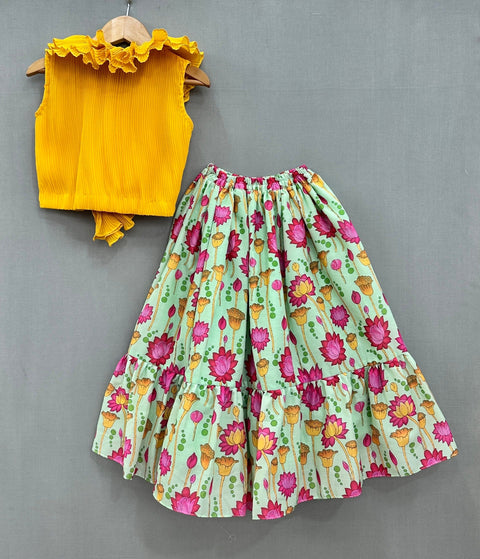 Pre-Order: Yellow Ruffles crop top with floral print skirt