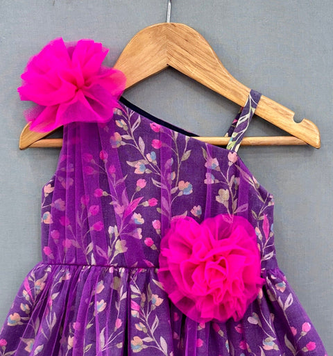 Pre-Order: One Shoulder Floral Dress with Net Overlay