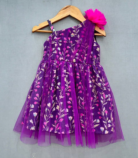 Pre-Order: One Shoulder Floral Dress with Net Overlay