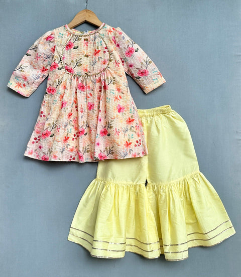 Pre-Order: Embroidered Kurti with Flared Sharara-Yellow