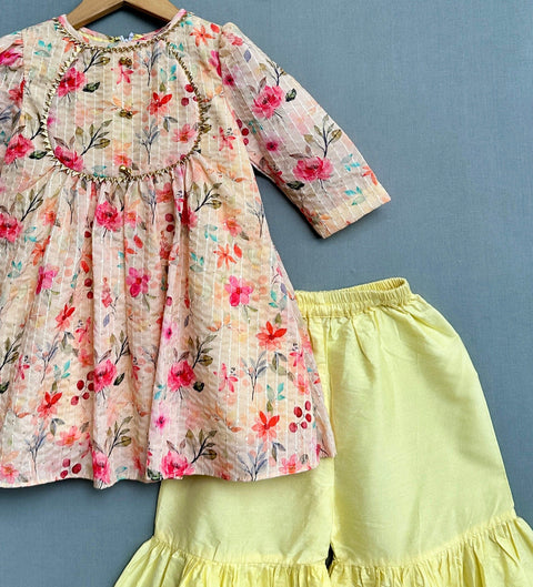 Pre-Order: Embroidered Kurti with Flared Sharara-Yellow