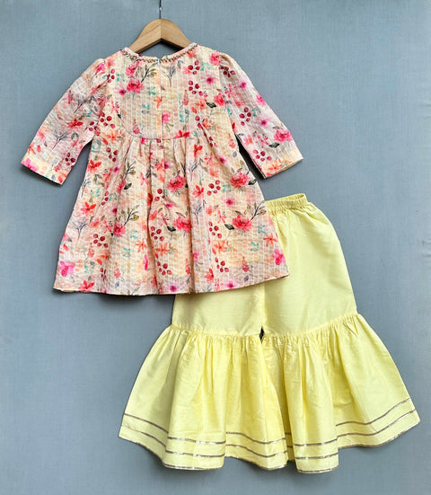 Pre-Order: Embroidered Kurti with Flared Sharara-Yellow