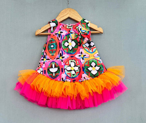 Pre-Order: Abstract Printed Dress With Colourful Frills