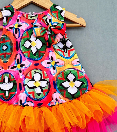 Pre-Order: Abstract Printed Dress With Colourful Frills