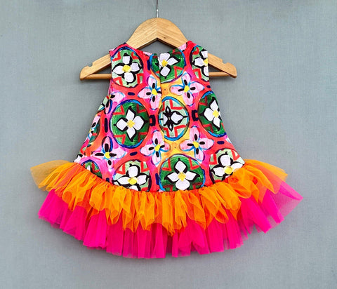 Pre-Order: Abstract Printed Dress With Colourful Frills