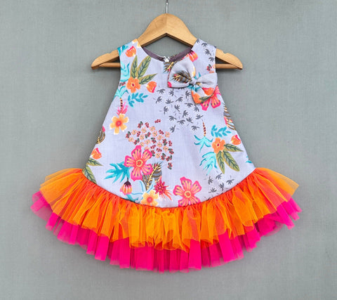 Pre-Order: Floral Printed Dress With Colourful Frills