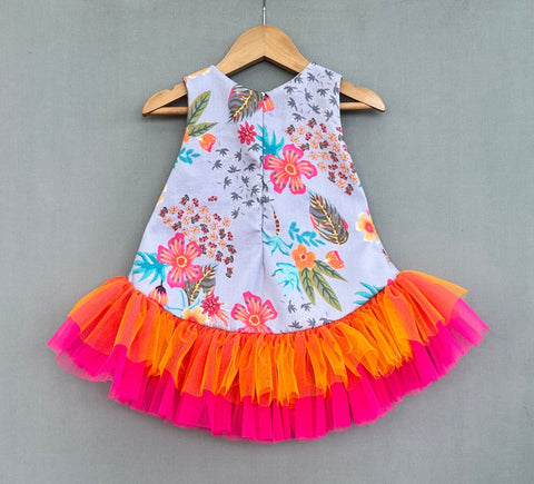 Pre-Order: Floral Printed Dress With Colourful Frills