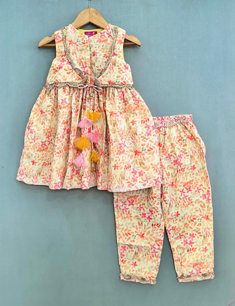 Pre-Order: Floral Print Kurta with Attached Jacket & Pant-Green