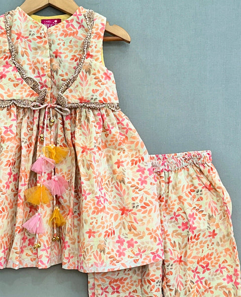 Pre-Order: Floral Print Kurta with Attached Jacket & Pant-Green