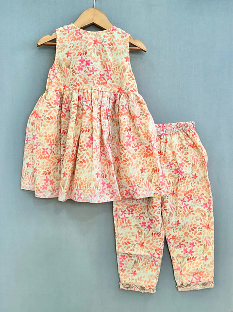 Pre-Order: Floral Print Kurta with Attached Jacket & Pant-Green