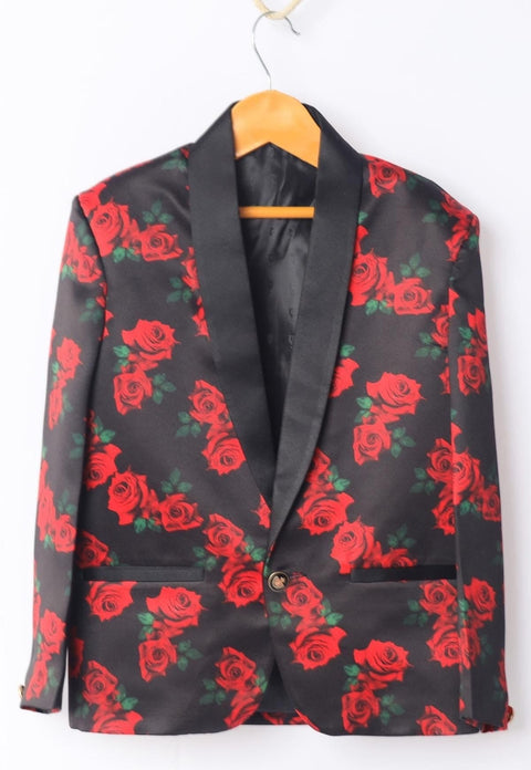Pre-Order: Red Rose Printed Satin Blazer Set