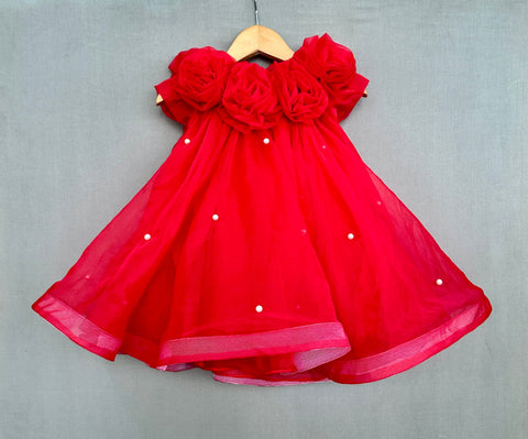 Pre-Order: Red Organza Dress with Flowers