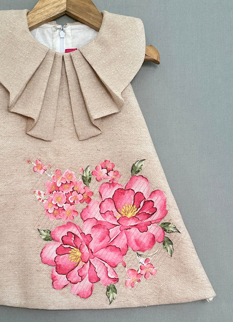 Pre-Order: Jute Linen Dress with Floral Applique