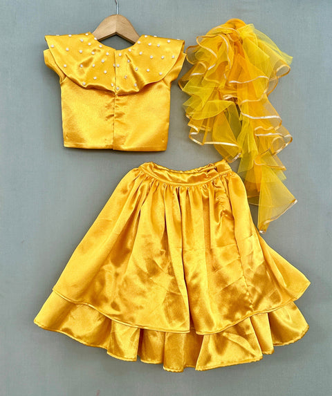 Pre-Order: Golden Yellow Lehenga Set with Pearl & Seqiun Embroidery