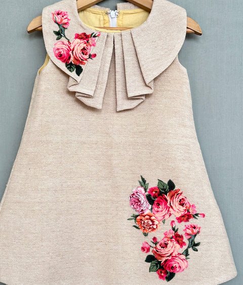 Pre-Order: Jute Linen Dress with Floral Applique