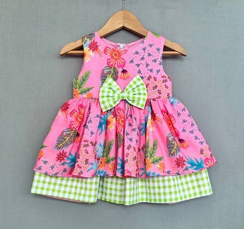 Pre-Order: Pink Floral Dress with Gingham Checks