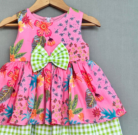 Pre-Order: Pink Floral Dress with Gingham Checks