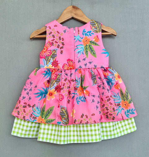 Pre-Order: Pink Floral Dress with Gingham Checks