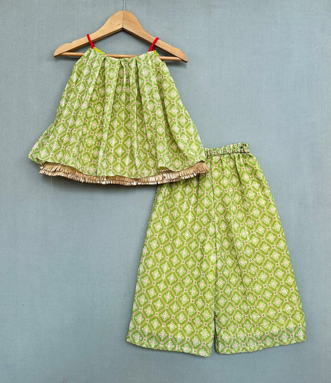 Pre-Order: Green Georgette Print Geometric Motif Top With Palazzo Pant