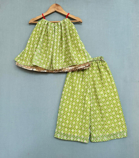 Pre-Order: Green Georgette Print Geometric Motif Top With Palazzo Pant