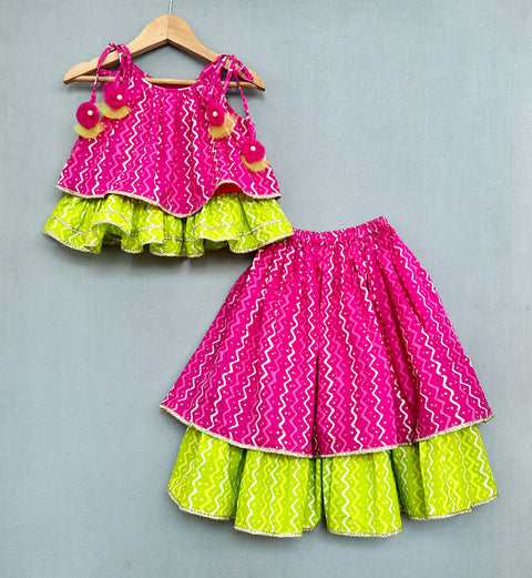 Pre-Order: Bandhani And Leheriya Printed Tie Up Strap Top And Lehenga