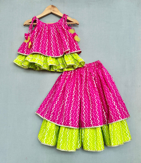 Pre-Order: Bandhani And Leheriya Printed Tie Up Strap Top And Lehenga