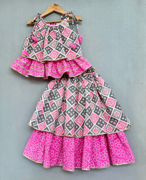 Pre-Order: Bandhani And Checks Printed Tie Up Strap Top And Lehenga