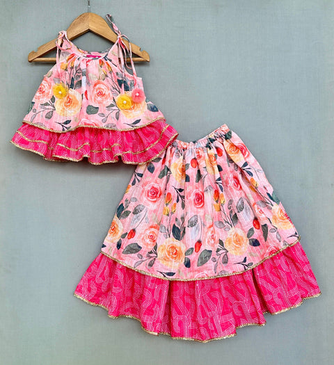 Pre-Order: Peach Blossom Print Tiered Lehenga With Top