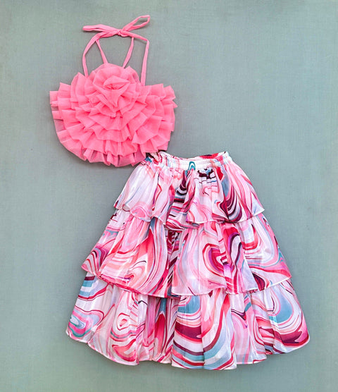 Pre-Order: Halter Neck Ruffles top with Printed layers Skirt