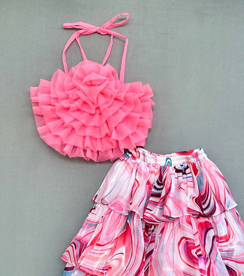Pre-Order: Halter Neck Ruffles top with Printed layers Skirt