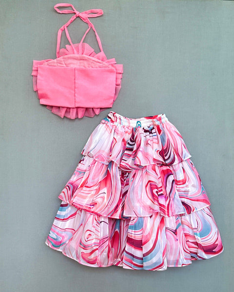 Pre-Order: Halter Neck Ruffles top with Printed layers Skirt