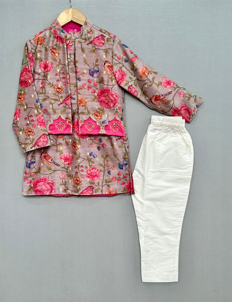 Pre-Order: Floral Printed Kurta Set with Attached Embroidered Jacket