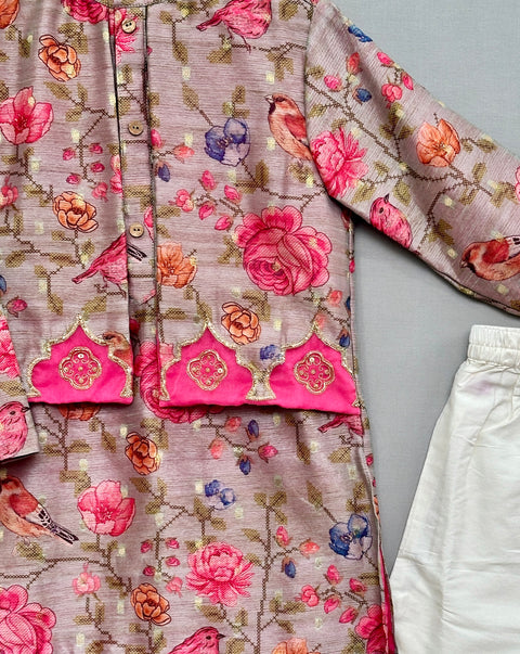 Pre-Order: Floral Printed Kurta Set with Attached Embroidered Jacket