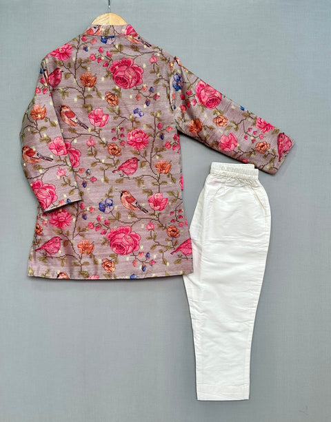 Pre-Order: Floral Printed Kurta Set with Attached Embroidered Jacket