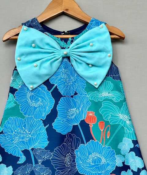 Pre-Order: Blue Floral Aline Dress with a Big Bow