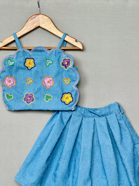 Pre-Order: Denim Crop Top and Skirt Set with Floral Embroidery