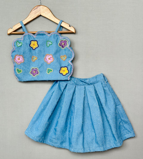 Pre-Order: Denim Crop Top and Skirt Set with Floral Embroidery